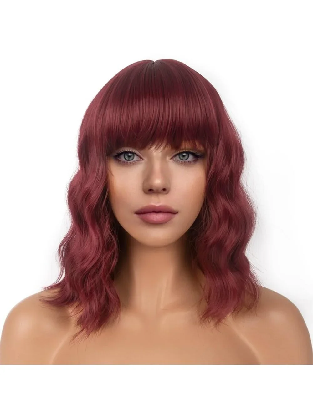 Women's Auburn Shoulder Length Synthetic Loose Wavy Short Bob Wigs Bangs